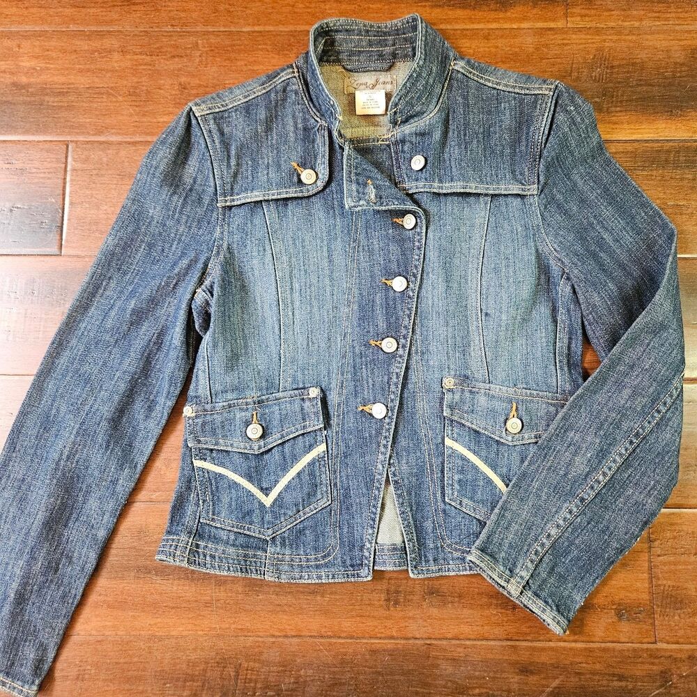Zena Jeans Women's Blue Denim Military Style Jacket Size S Stand Collar Pockets